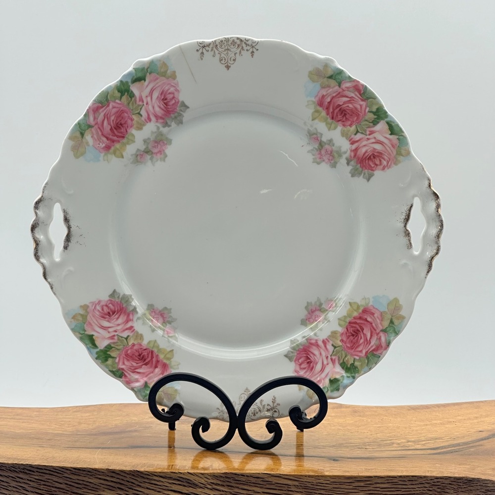J&C Malmaison Bavaria Pink Rose Porcelain Handled Cake Plate Scalloped Edge